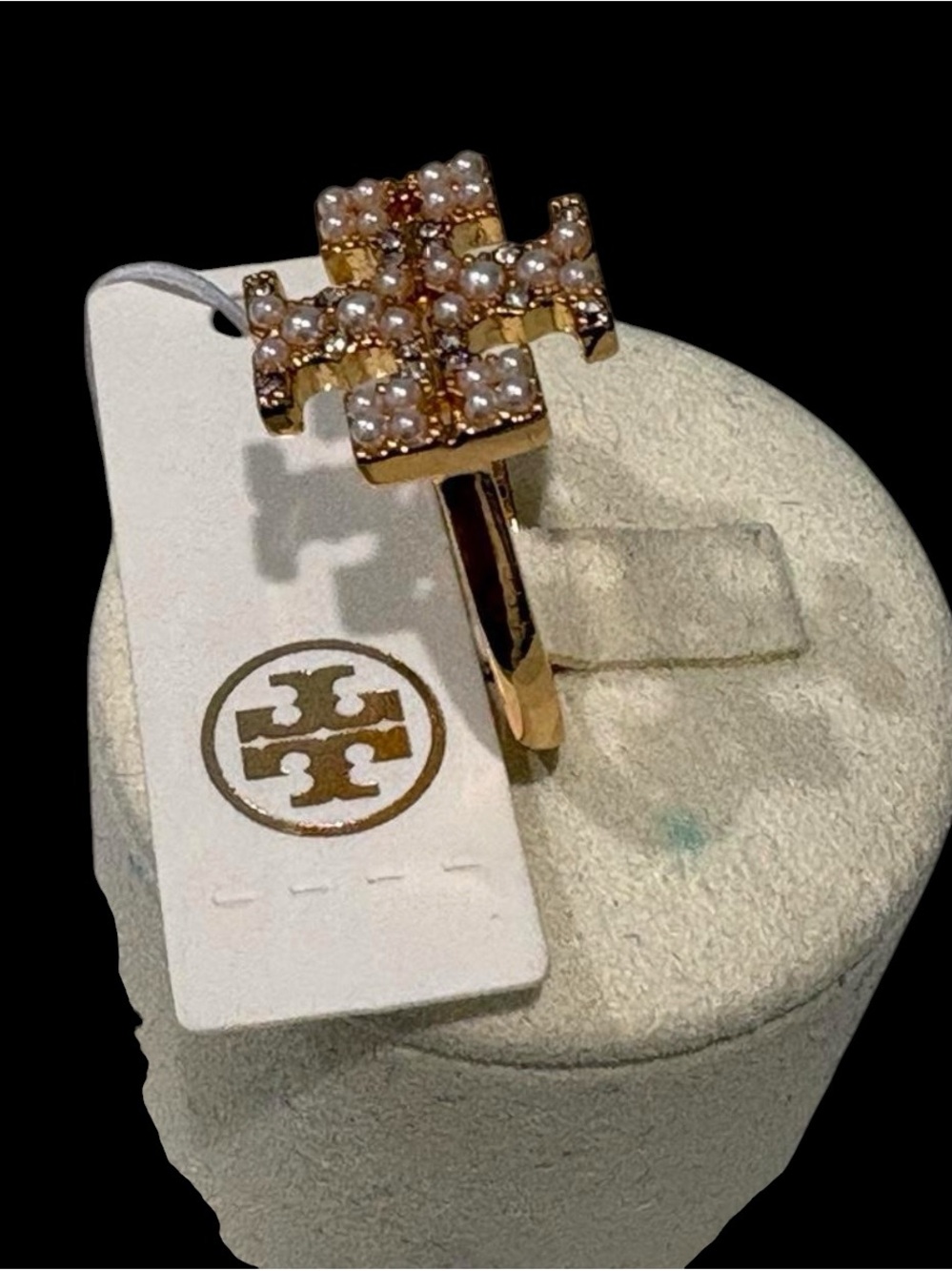 Tory Burch Gold Logo Ring with Pearl and Crystal Accents SIZE8
